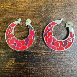 Hoop Earrings Floral Red and Purple Enamel Silver Tone New